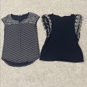 Women's Bundle of Two Navy Tank Tops: Navy Lace-Trim Top and Navy Short Sleeve